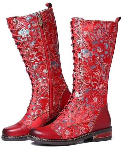 FQLGJMY Dam mitt på vaden knähöga cowboy stridsstövlar vintage etnisk blomma design läder snörning rund tå tjocka låga klackar ridstövlar boho vinter höst klänning stövlar festdekor