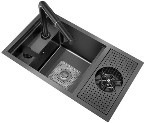 Lavello da Cucina in Acciaio Inox a Una Vasca con lavabicchieri - Design Multifunzionale e salvaspazio (Nero 60 * 40 * 22 cm)