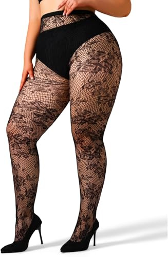 ANNTXL Plus Size Floral Pattern Tights Sexy Lace Tights High Waist Velvet Pantyhose Fishnet Stockings