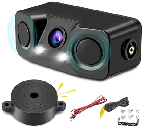 Riven Cámara de marcha atrás 3 en 1 para coche con 2 sensores de aparcamiento de radar y alarma de sonido BiBi, impermeable, ángulo de visión de 170 , visión nocturna, sistema de asistencia de