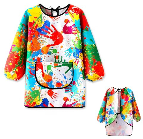 Tablier Peinture Enfant 7-12 ans, Tablier Enfant, Blouse Peinture Enfant – Imperméable Réutilisable avec Manches Longues et Poche, Blouse de Peinture pour École et Loisirs Créatifs, Taille Réglable