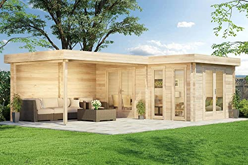 Carlsson Flachdach Gartenhaus Modell Quinta ISO aus Holz Holzhaus Wandstärke: 44 mm Inklusive: Schleppdach FSC Zertifiziert Blockbohlenhaus