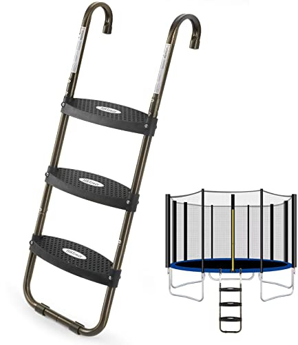HBTower Trampoline Ladder, 3-Step Trampoline Steps with Horizontal Wide Steps, Skid-Proof Steps Universal Hook, UV Treated Steel, 220Lbs Capacity Trampoline Stairs Accessories for Kids/Children