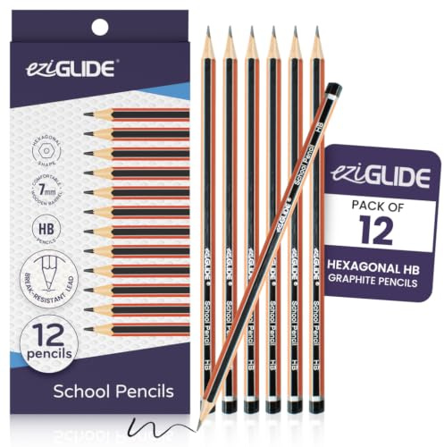 Eziglide HB Pencils, Pack of 12 Hexagonal Graphite Pencils for Kids | Break-Resistant Super Bonded HB Lead Pencils, Ideal for Drawing, School Essentials, Home Sketching & Office Writing Pencils