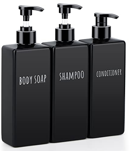 Segbeauty Distributeur de Savon Noir, 3 Pièces 500ml Rechargeable Bouteille de Shampoing en Plastique avec Étiquette, Flacon Pompe Vide pour Bain, Hôtel