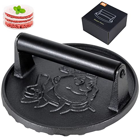 Burger Press-Heavy Duty Smash Burger Press with Heat Insulation Handle-7 Inch Cast Iron Burger Smasher,Bacon Press,Sandwich Press-Round Hamburger Press for Griddle-50 PC Patty Paper for Burger make