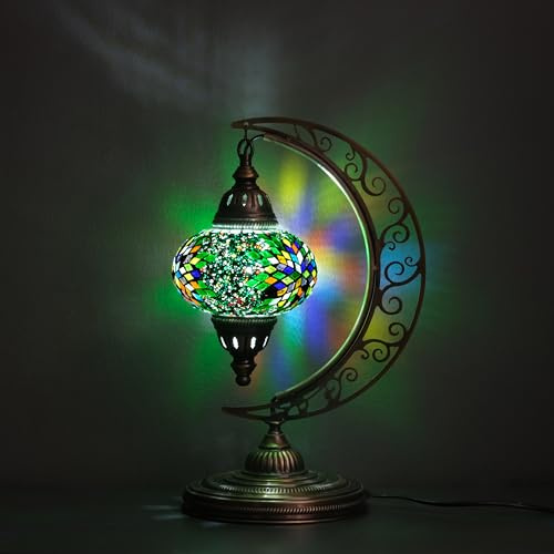 Asylove Turkish Moon Lamp, Mosaic Moroccan Table Lamp, Standing Turkish Lamp, Decor Home Floor Lighting Accessory, Total Dim. 7.5 x 11 x 18 inches (Green)