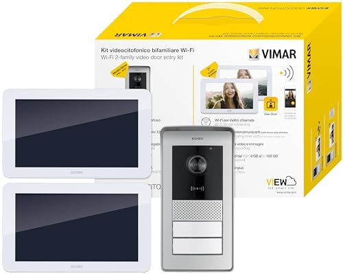 VIMAR K42956 Kit videocitofono multifamiliare, videocitofoni touch screen vivavoce, Wifi, alimentatore barra DIN, targa audiovideo con lettore RFID e 2 pulsanti