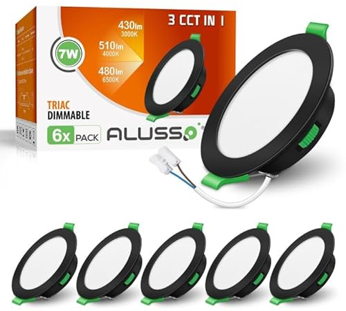 ALUSSO LED Einbaustrahler 230V Schwarz Flach, 7W 510LM Dimmbar IP44 Bad Einbauleuchten LED Spots, Warmweiß 3000K Neutralweiß 4000K Kaltweiß 6500K Einbauspots für Wohnzimmer Badezimmer Küche, 6er Set
