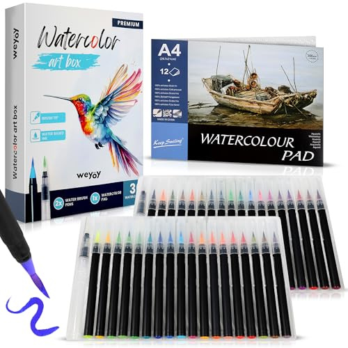 Weyöy. Set Rotuladores Acuarelables - 36 Rotuladores Lettering 2 Pincel de Agua 1 Bloc Acuarela, Lettering kit, Rotulador punta pincel, acuarelas, manualidades para adultos