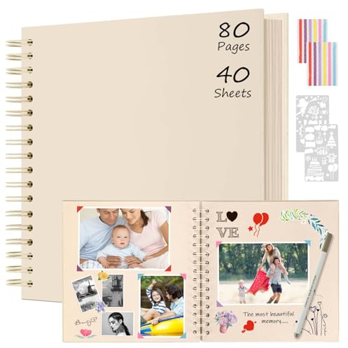 Boic Fotoalbum 24 x 24 cm Spiral Scrapbook, DIY Album Foto 80 Sidor Gästbok, Bröllopspresenter Jul Alla hjärtans dag Årsdag Födelsedagspresent (Milk White)