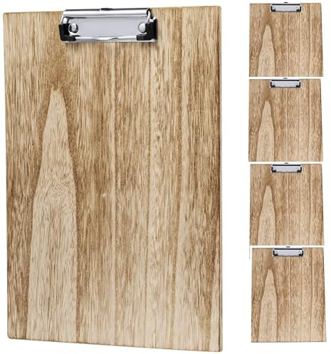5er Set Klemmbrett/Schreibbrett/Clipboard DIN A4 Klemmbretter aus nachhaltigem Holz mit Holzmaserung mit robustem gummierten Clip und Loch zum Aufhängen Büro Lager Uni Schule