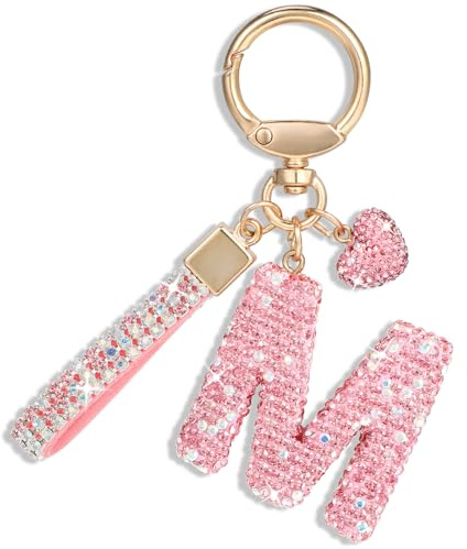 MWOOT Llaveros de Coche Rosados Regalo para Mujeres Niñas Llavero con Letra Inicial Llaveros Bling Colgante con Letra para Monedero Mochila Bolso Dijes, Letra M