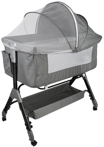 Supfine Cododo 3-in-1 Kinderbett Cododo mit Matratze und Moskitonetz, Höhenverstellung, Mobile Babywiege für Neugeborene/Säugling, Cododo-Bett mit Aufbewahrungskorb (Leinengrau, 104 * 52 * 100-110cm)