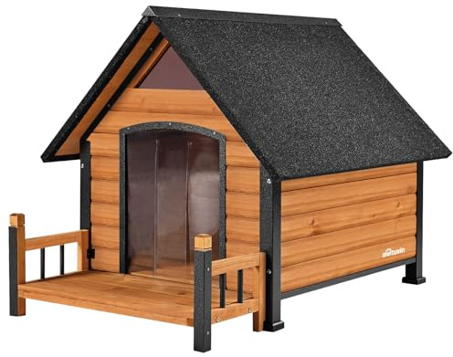 Seiyierr Niche d'extérieur pour chien - Abri étanche pour chiot - Niche d'intérieur avec sol surélevé - Design anti-morsure - Pour chiens de petite à moyenne taille avec véranda (marron)
