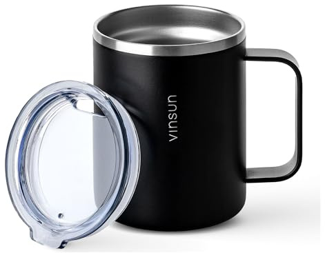 VINSUN Tazza Termica con Manico 350ml - Acciaio Inox, Coperchio Trasparente, Doppia Parete, Senza BPA - Tazza da Viaggio Nero per Ufficio, Scuola, Campeggio, Auto