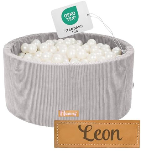 Flumi Personalisierte Bällebad Kinder ab 1 Jahr - Bällepool Baby 90x40cm mit 200 Bällebad XXL bällebadbälle ∅ 7cm in EU hergestellt - (Kord grau)