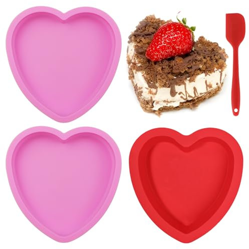 3 Pcs Silicone Heart Shaped Cake Tin, 6 Inch Heart Cake Tin Love Cake Moulds Silicone Baking Pan with Scraper, Non-Stick & Reusable Hearts Baking Tray for Muffin Cake Cheesecake Chiffon Puddings
