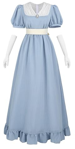 FCCAM Regency Abito Donna Abiti Vittoriani Abito Vintage Stile Impero Abito da Sera con Guanti, Azzurro, XL