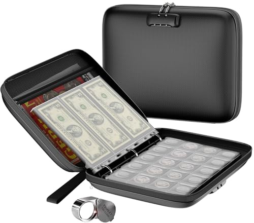 Coin Collection Album with Lock,350 Pockets Fireproof Hard Coin Collection Book&36 Sleeves Currency Collection Binder Storage for up to 45mm Coins(Quarter),Bill,Stamp,Postcard-Black