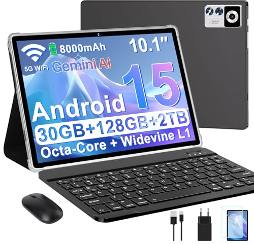 ZIOVO Android 15 Tablette 10 Pouces,30Go RAM+128Go ROM (TF 2To)Tablet,5G WiFi Tablettes,Octa-Core 2.0 GHz/Gemini AI/Widevine L1/8000 mAh/BT 5.0/GPS/Face ID/2 en 1 Tablette avec Clavier et Souris-Noir