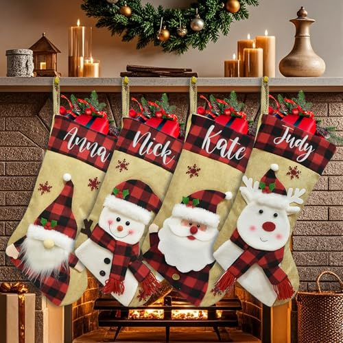 HOBULL Calza Befana Personalizzata Set di 4 - Calze Natale da Appendere con Nome, Calza Natalizie da Appendere Vuota Grande, Calze Natalizie Nome Ricamare Regali Natale Bambini Camino Decorazione