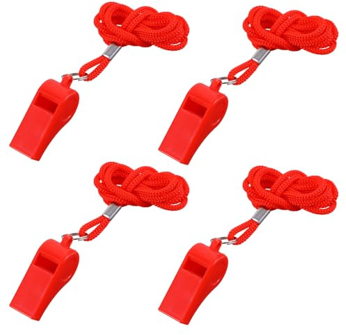 Yolev Lot de 4 sifflets rouges avec cordon en plastique pour adultes, sifflets pour activités de plein air, entraînement d'entraîneurs, sauveteurs, policiers des enseignants