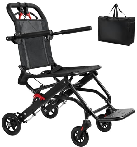 Sedie a rotelle leggere per adulti, sedia a rotelle pieghevole portatile da viaggio sedia a rotelle con borsa freni a mano assorbimento degli urti supporti antiscivolo 129,7 kg per anziani e adulti