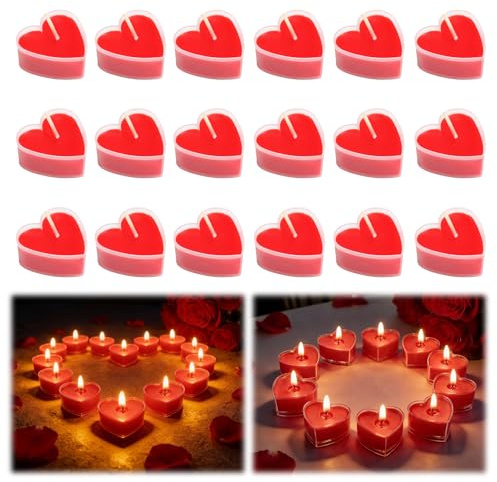 LOLANIUT Velas de Té con Forma de Corazón Rojas 18 Piezas Cera Vegetal para San Valentín Boda Aniversario Cena Romántica Decoración de Mesa