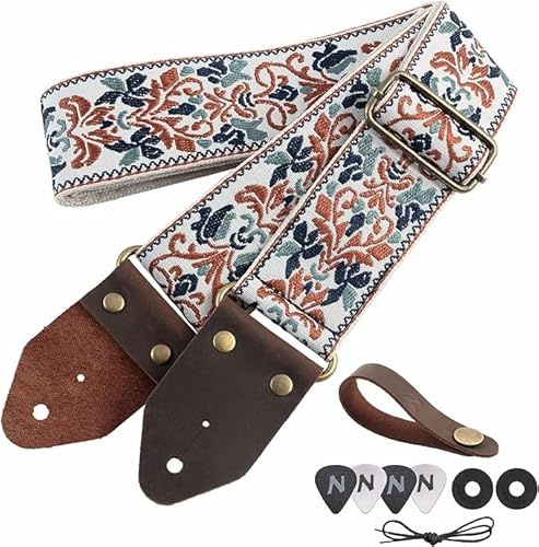 Universell gitarrrem i polyester, 5 cm bredd, justerbar för akustisk och låg elgitarr med integrerad plockhållare, robust och bekväm design för scenmusiker och stud
