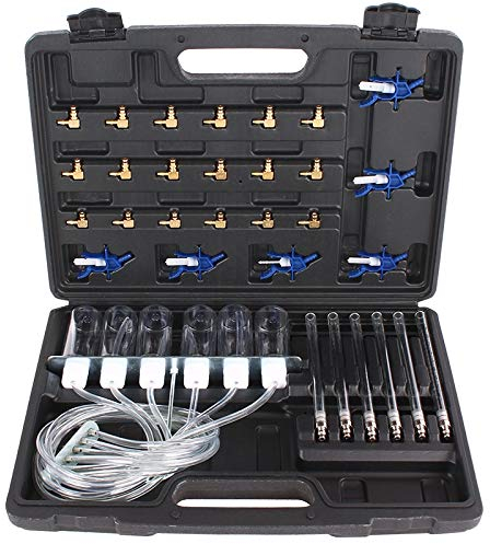 TECPO Einspritzdüsen Werkzeug, Common Rail Tester mit 24 Adaptern, Rücklaufvolumenmessung über 6 Glaskolben & 6 Messbecher, für bis zu 6 Injektoren, 70 cm Anschlussschlauch auf Aluleiste, im Koffer