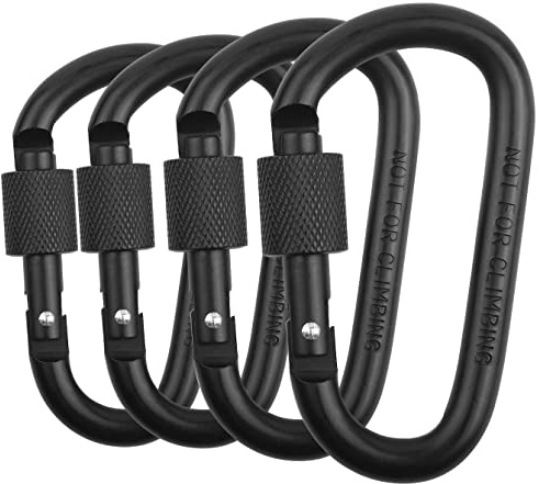 Locking Carabiner Clip, Vonpri 3 Inch D Ring Clips Spring Snap Key Chain Hook Screw Gate Aluminum Carabiners for Outdoor Travel Camping Fishing Hiking Backpack (Black 4pcs)