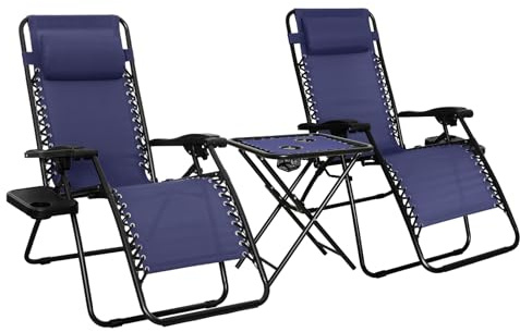 Amazon Basics Set de 2 sillas con gravedad cero y mesa auxiliar, para en exteriores, Plegable, Soporte de cabeza, Reclinable, Acero aleado, 35 x 26 x 43 inches, de color azul