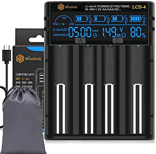 WISSBLUE LCD-4 18650 akku ladegerät Batterie ladegerät 2A Schnell Leistung Batterie ladegerät,LCD-Anzeige mit Power Bank-Funktion für 3.7V 14500 16340 18650 20700 21700 26650 1.2V AAAA AA A