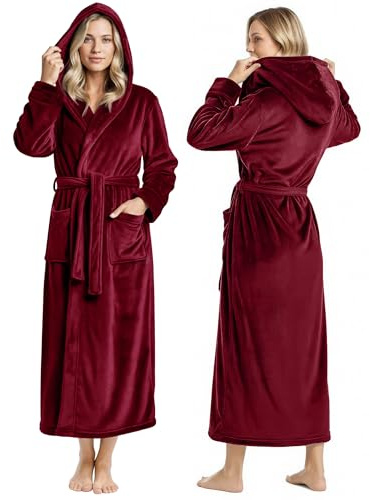NY Threads Premium Womens Robe with Hood, Plush Fleece Long Bath Robe for Women, Fluffy Soft Women's Bathrobe, Medium, Burgundy