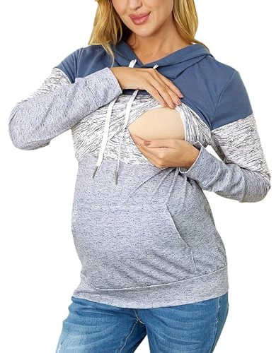 Women‘s Nursing Tops Breastfeeding Long Sleeves Hoodies Maternity Hooded Sweatshirts Pregnancy Clothes Ladies Nursing Top Dark Gray
