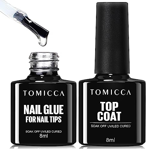 TOMICCA Nagelkleber und Top Coat 8 in 1 Set-Nagel Kleber, Extra Stark Gel Nail Glue Nagelkleber Für Nägel, Professionelle Salon-Qualität, UV/LED Soak-Off, 8 ml * 2