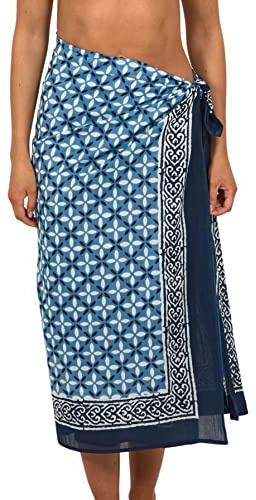 Pachamama Pareo da donna 100% cotone stampato a mano piastrelle modello fresco estate spiaggia copertura pareo avvolgente gonna 180 x 110 cm, Blu, Taglia unica
