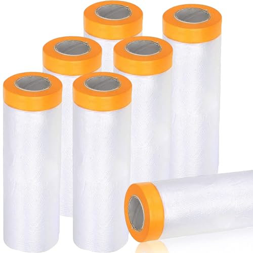 APACALI 8 Rolls Plastic Dust Sheets Roll, 1.1m x 20m Pre Taped Masking Film, Waterproof Masking Film Rolls, Plastic Dust Sheets for Painting, Furniture, Decorating, Floor