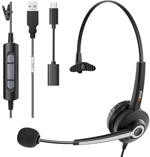 Wantek Casque USB Mono avec Microphone Antibruit,Casque Filaire avec Adaptateur USB-C,Contrôle du Volume pour PC,Ordinateur Portable,Centre d’Appels,Bureau,VoIP et Skype