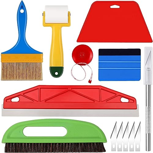 MUSLONG Herramientas de papel pintado, juego de herramientas de alisado de papel pintado, juego profesional de herramientas de mano con rasqueta, rodillo de costura, cepillo de papel pintado para