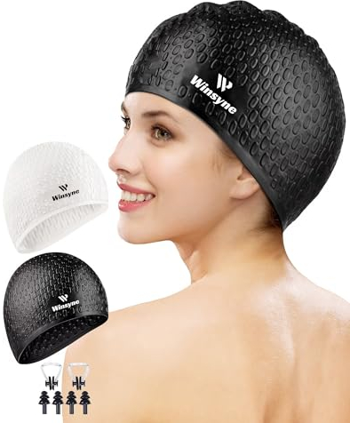 Winsyne 2 Pack Unisex Badekappe Damen Herren aus Silikon, Große Bademütze für langes Haar/Zöpfe, um das Haar Trocken zu Halten, Badehaube Schwimmen mit Ohrstöpseln und Nasenklammer(Schwarz & Weiß)