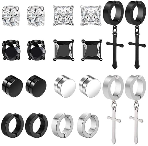 10Pares Pendientes Magnéticos de Acero Inoxidable Aros Imán Hombre Pendientes Clip Negro Cruz Pendiente CZ Mujer Pendientes Sin Agujero Falsos Pendiente Clip Non Piercing B