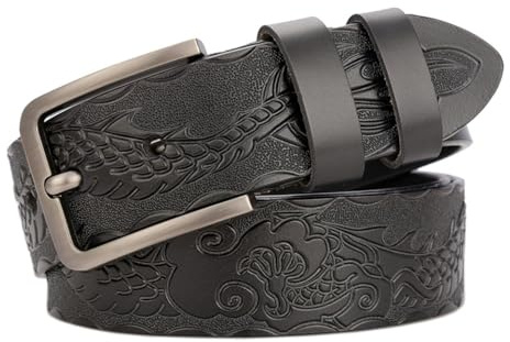 PACDE Cintura da uomo in pelle intagliata con draghi western, in vera pelle di mucca, jeans, cintura in rilievo per uomo, Nero , for40-41waist size