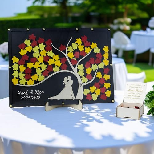 JeathFea Guest Book Matrimonio Legno Personalizzato - con 50-100 Cuori Vuoti - Cornice per Libro degli Ospiti in Legno - Decorazione Nuziale