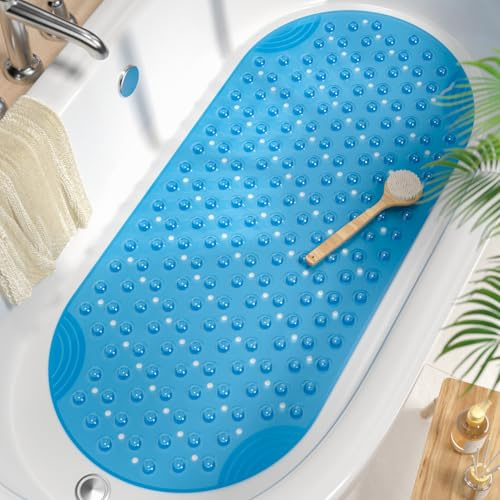 HITSLAM Badmatta halkfri anti-mögel för badkar, 88 x 40 cm oval duschmatta för badrum, maskintvättbar PVC badkarsmatta med sugkoppar och dräneringshål, mjuk på fötter, blå