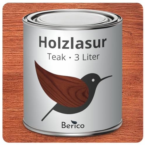 Berico Holzlasur - Teak - 3 Liter Lasur - Dunkel - Wetterfeste Holzschutzlasur für Innen und Außen - Holzschutz, Wetterschutz und UV-Schutz