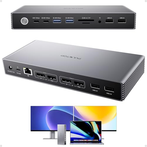 PULWTOP Displaylinkdockningsstation med 120 W strömförsörjning, USB C-dockningsstation dubbel skärm för MacBook M1/M2/M3/M4/M5 Windows, 4K@60Hz Displaylink Dock med 2HDMI, 2 DisplayPort, USB A/C, SD