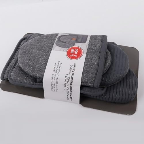 Oven Mitts and Pot Holders Sets 4Pcs, Extra Long Oven Mitts and Hot Pads Sets, Heat Resistant Oven Gloves with Hot Pads and Mini Oven Mittens for Grilling Kitchen Cooking Baking Grill BBQ (Grey)