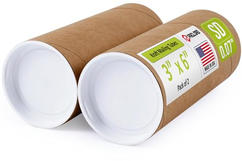 3 x 6 Reinforced Kraft Paper Mailing Tubes, Pack of 2 Tubes with 2 Caps Each – USPS Approved Poster Tube – Made in USA Cardboard Tube for Shipping and Storing Posters, Prints, Artwork, or Documents